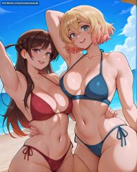 2girls :d ai_generated arm_up armpits bangs beach bikini blonde_hair blue_bikini blue_eyes blue_sky braid breasts brown_eyes brown_hair cleavage cloud collarbone dandanhub day female female_only kanojo_okarishimasu large_breasts long_hair looking_at_viewer mizuhara_chizuru multicolored_hair multiple_girls nanami_mami navel ocean open_mouth outdoors red_bikini sand short_hair side-tie_bikini_bottom sky smile swimsuit