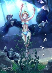algae asphyxiation bikini blonde_hair breasts closed_eyes collarbone drowning female fine_(foxeye) fish foxeye_(artist) lake_bottom_girl:_fine_and_the_sunken_starship navel original original_character peril seaweed small_breasts strapless_bikini striped_bikini swimsuit tangled_up underwater