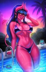black_bikini black_hair demon demon_girl demon_horns demon_tail iahfy large_breasts pointy_ears pool poolside red_skin succubus synth_(iahfy) thick_thighs wet_body yellow_eyes