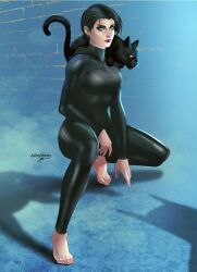 1girls 2d 2d_(artwork) barefoot batman_(series) catsuit catwoman dc dc_comics feet female female_only jcm30 pale-skinned_female pale_skin pixie_cut red_lipstick selina_kyle short_hair skin_tight skin_tight_suit skintight toes