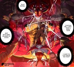 big_power_bottom black_nipples bna_v5 creampie degradation demon demon_horns demon_wings gay gay_male glowing_eyes handjob helluva_boss horn hyper_penis male/male male_only meditation muscular muscular_anthro muscular_male nipple_piercing orange_skin power_bottom red_skin ribbed_penis satan_(helluva_boss) sharp_teeth sitting sitting_on_throne small_dom_big_sub speech_bubble surrounded_by_penises veiny_penis vivziepop yaoi yellow_eyes yogirt_(helluva_boss)