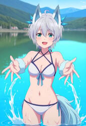 1girls animal_ears bare_legs bare_shoulders blue_eyes blushing cleavage collarbone kikuchi_fuuka lake looking_at_viewer medium_breasts short_hair silver_hair standing string_bikini water white_bikini wolf_ears wolf_tail
