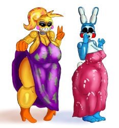 2d 2d_(artwork) 2d_artwork 2girls animatronic animatronic_female bedroom_eyes big_ass big_breasts big_butt big_ears big_mouth big_nipples black_eyes black_sclera blue_skin bonnie_(fnaf) bubble_butt bunny_ears bunny_girl bunny_nose bunny_tail busty busty_female chica_(fnaf) chicken chubby chubby_female covering_mouth dress dress_lift duo duo_female duo_focus eyebrows eyelashes female female_focus female_only five_nights_at_freddy's five_nights_at_freddy's_2 fnaf fnaf_2 genderswap_(mtf) hair hair_band holding_dress huge_ass huge_thighs indecent_exposure long_ears long_hair machine metallic_body mischievous_smile no_underwear ocinico partially_clothed partially_clothed_female party_dress pattern_clothing peace_sign pink_cheeks ponytail purple_clothing purple_dress red_cheeks red_clothing red_dress robot robot_girl rule_63 sharp_teeth shocked_expression short_tail thick thick_thighs thighs toy_bonnie_(fnaf) toy_chica_(fnaf) visible_nipples voluptuous voluptuous_female white_background white_eyes white_pupils yellow_skin