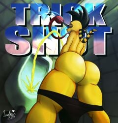 2025 absurd_res anthro ass bathroom bemani big_butt bodily_fluids bottomwear bottomwear_down chameleon clothed clothing dutch_angle genital_fluids gere-gere_(pop'n_music) hi_res konami lewtrain lizard long_tongue looking_at_viewer looking_back low-angle_view male painted_background pants pants_down partially_clothed peeing peeing_in_urinal pop'n_music reptile scalie skill solo text tongue urinal urine watersports yellow_body yellow_skin