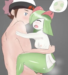 1boy 1girls ass back big_ass blue_eyes blush bottomless breasts brendan_(pokemon) brendan_(pokemon_oras) brown_hair closed_eyes cum cum_inside egg eyelashes female green_skin grey_background hat highres hug human impregnation_request interspecies kirlia male nipples nude open_mouth penis pokemon pokemon_(species) pokemon_oras pussy_juice pyesan red_eyes saliva sex small_breasts spread_legs straight sweat thighs trembling