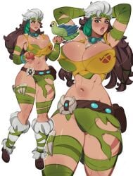 1girls abs apple arms_behind_head big_breasts bird blush breasts curvy curvy_body curvy_female curvy_figure freckles green_eyes huge_breasts kyopink marvel marvel_comics marvel_rivals multicolored_hair rogue_(marvel_rivals) rogue_(savage_land) rogue_(x-men) thick_thighs thighs torn_clothes torn_clothing white_background x-men