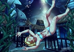asphyxiation bikini blonde_hair breasts closed_eyes collarbone corpse death drowned drowning female female_death fine_(foxeye) fish foxeye_(artist) lake_bottom_girl:_fine_and_the_sunken_starship navel original original_character small_breasts solo strapless_bikini striped_bikini swimsuit underwater