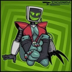 abstract_background asymmetrical_arms bedroom_eyes cathy_ray_(incognatic) claw evil_grin eyelashes foot_fetish foot_focus fully_clothed gloves green_skin incognatic leotard monitor_head nipple_outline painted_toenails pauldrons robot screen_face shiny_skin stirrup_legwear stirrup_socks