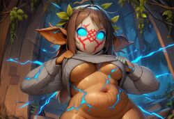 1girls ai_generated blue_eyes boggart breasts brown_hair brown_skin clothed cracked_body cracks cracks_in_body energy female glowing_eyes large_breasts large_ears leaves_in_hair lifting_shirt long_hair looking_at_viewer lorianne_(paigen) mask masked_female monster_girl original original_character paigen plump pointy_ears ribbed_sweater shortstack sweater thick thick_thighs underboob vines wide_hips wood wood_skin wooden_body