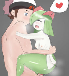 1boy 1girls ass back big_ass blue_eyes blush bottomless breasts brendan_(pokemon) brendan_(pokemon_oras) brown_hair closed_eyes cum cum_inside eyelashes female green_skin grey_background hat heart highres hug human interspecies kirlia male nipples nude open_mouth penis pokemon pokemon_(species) pokemon_oras pussy_juice pyesan red_eyes saliva sex small_breasts spread_legs straight sweat thighs thought_bubble trembling