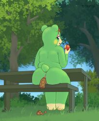 2025 animal_crossing anthro anus apple back_fat bear blush blushing bottomless charlise_(animal_crossing) chubby chubby_anthro chubby_female detailed_background eating eating_food feces feces_in_ass feces_on_ground furry green_fur looking_back nude overweight overweight_anthro overweight_female park picnic_table poop pooping pooping_on_grass pooping_outside presenting_hindquarters public public_defecation public_nudity scat seductive shit smile tagme tail text tonrip tree trees ursid ursine watermark yellow_blush
