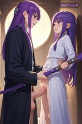 1girl ai_assisted ai_generated arms_up backlighting black_coat blush curtain explicit extreme_size_difference fern_(sousou_no_frieren) frieren full_moon highres holding_staff long_hair long_sleeves open_mouth purple_eyes purple_hair pushed_against_wall rape rear_view room short_stack side_profile size_difference source_anime uncensored white_dress