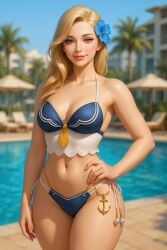 ai_generated anchor beautiful bikini blonde_hair blue_eyes chatgpt flower_in_hair one_hand_on_hip poolside resort rgomez007 sailor side_part_hair stable_diffusion swimsuit tie