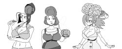 big_breasts brain brain_removal breasts busty busty_female clothed clothed_female clothing confused cowboy_bebop crossover curious curvy curvy_female dudewiththemood faye_valentine huge_breasts jill_valentine monochrome nurse nurse_uniform resident_evil sexy short_hair size_difference skullgirls valentine_(skullgirls)