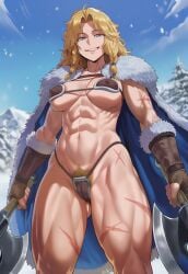 abs ai_generated axe battle_axe big_breasts bikini_armor blonde_hair blue_eyes braided_hair cameltoe covered_nipples dual_wielding excessive_pubic_hair fur-trimmed_cape fur-trimmed_gloves grin jagat_ai looking_at_viewer medium_breasts messy_hair muscular_female nipple_bulge original original_character pubic_hair pubic_hair_peek scar smile smug toned_female viking viking_female warrior wavy_hair