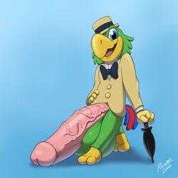 absurd_res avian ball balls big_balls bird blue_eyes bottomless bow_tie clothed clothing disney flaccid hat hi_res huge_balls hyper hyper_balls hyper_penis jose_carioca male male_only penis pulsar saludos_amigos simple_background solo testicles the_three_caballeros what