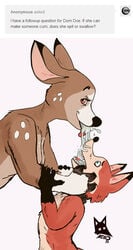 1boy 1girls anthro ask_blog blue_eyes bullying canine cervine cum cum_in_mouth cum_inside deer dom_doe femdom fox hooves looking_at_viewer malesub mammal newd red_eyes snowballing straight sub_fox tumblr