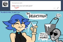 1boy 1girls anon ask_dalis blue_hair cum cum_drinking cum_drip cum_string dalis_(drunkengeneral) drunkengeneral