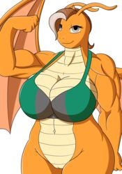 2016 antennae anthro anthrofied biceps big_breasts bottomless bra breasts brown_hair brown_scales cleavage clothed clothing dragon dragonite fan_character female female_only flexing grey_eyes hair horn huge_breasts long_hair looking_at_viewer lunarartstudios_(artist) membranous_wings muscular muscular_female navel nintendo orange_horn orange_scales pokemon pokemon_(species) pussy scales scalie simple_background smile solo thalia_drakos thick_thighs underwear video_games voluptuous white_background wide_hips wings xehta13