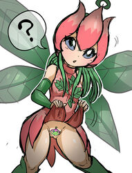 1girls 4_wings censored clothing clothing_lift digimon digimon_(species) fairy fairy_wings female female_only leaf leaf_wings leaves lillymon novelty_censor oposa palmon plant plant_girl skirt skirt_lift solo uyu vine_hair vines wings