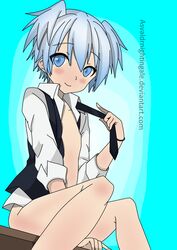 1boy assassination_classroom asvaldr blue_eyes blue_hair blush femboy girly male nipple school_uniform shiota_nagisa solo tagme