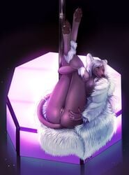 2015 alternate_version_available anthro anus bottomless breasts canine canine chinese_crested_dog clothed clothing coat digitigrade female fur fur_coat hair hi_res jewelry legs_up lying mammal nipples on_back one_eye_closed pawpads pig_(artist) pole presenting pussy ring sixty solo stripper_pole toe_ring white_fur white_hair wink yellow_eyes