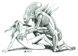 1boy 1girls 2002 alien alien_(franchise) drooling female female_human femsub human imminent_sex interspecies kneeling male male/female male_xenomorph maledom mammal masturbation monochrome nude penis pussy reclining saliva slof traditional_media_(artwork) xenomorph