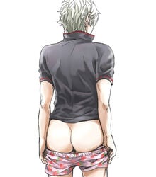 1boy ass boxers butt_crack gintama gintoki_sakata make male_only rear_view silver_hair solo strawberry_print tagme tossy underwear underwear_down undressing