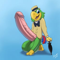 absurd_res avian ball balls big_balls bird blue_eyes bottomless bow_tie clothed clothing disney erection hat hi_res huge_balls hyper hyper_balls hyper_penis jose_carioca male male_only penis pulsar saludos_amigos simple_background solo testicles the_three_caballeros what