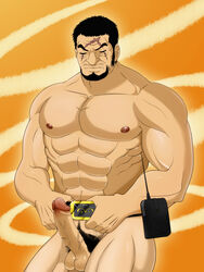 1boy abs bara black_hair erection human issho male male_only muscle muscles nipples nude one_piece pecs penis scar solo