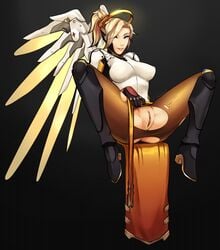 1girls blizzard_entertainment blonde_hair blue_eyes bodysuit breasts clitoris clothed clothing crotch_cutout exposed_pussy female fireflufferz hairless_pussy human humanoid legwear looking_at_viewer mammal mechanical_halo mechanical_wings mercy overwatch pantyhose parted_lips presenting_pussy pussy pussy_cutout pussy_focus ripped_pantyhose simple_background sitting smile solo spread spread_legs tagme torn_clothes torn_pantyhose wings