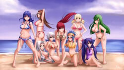 6+girls 9girls beach bikini bisca_connell blonde_hair blue_eyes blue_hair brown_eyes brown_hair cana_alberona erza_scarlet fairy_tail female female_only green_hair juvia_lockser levy_mcgarden lisanna_strauss long_hair lucy_heartfilia mirajane_strauss multiple_girls pigtails ponytail purple_hair red_hair rocky-ace sea short_hair sky tattoo tied_hair twintails wendy_marvell white_hair