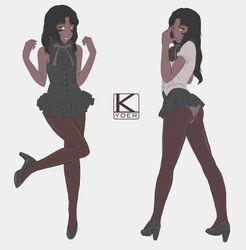 1boy androgynous ass black_hair crossdressing dark-skinned_femboy dark-skinned_male dark_skin femboy kitavi kyder long_hair male male_only smile solo yellow_eyes