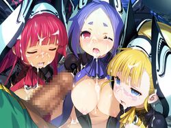 1boy 3girls apostle_garnet apostle_sapphire apostle_topaz bangs blonde_hair blue_eyes blue_hair breasts censored closed_eyes clothing cum cum_in_mouth cum_on_body cum_on_hair cum_on_upper_body cumdrip facial game_cg hair hat headgear large_breasts long_hair long_sleeves mosaic_censoring multiple_girls one_eye_closed open_mouth penis purple_eyes rance rance_(series) rance_03 red_hair short_eyebrows shunin