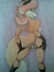 1girls ass back backboob black_fur breasts brown_eyes brown_hair canine female_only fox furry furverick_(artist) hands_on_hips long_hair looking_at_viewer looking_back mammal nude orange_fur original_character pussy sheila_vixen sketch smile solo standing teeth