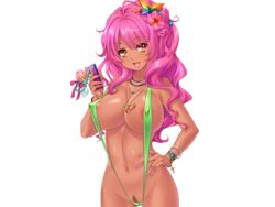 akagi_rio areola_slip areolae bare_arms bare_legs bare_shoulders breasts cellphone covered_nipples cowboy_shot dark-skinned_female dark_skin erect_nipples eyebrows eyebrows_visible_through_hair female flower game_cg gyaru hair hair_flower hair_ornament hand_on_hip holding kuro_gyaru large_breasts legs long_hair looking_at_viewer lots_of_jewelry mound_of_venus nail_polish navel open_mouth orange_eyes pink_hair pink_nails pubic_hair simple_background sling_bikini smile solo standing swimsuit tanetsuke_kyoushitsu thighs white_background