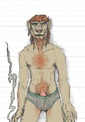 1boy 1male anthro ballsack_outline beard cigarette clothed clothing dick_root facial_hair feline garek_maxwell grey_underwear hair hairy leonine lion male male_nipples male_only mammal penis penis_bulge penis_outline pubes red_hair smoke smoking solo tagme topless underwear