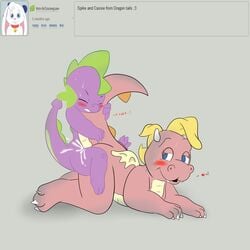 ambiguous_penetration blush cassie_(dragon_tales) cum dragon_tales duo english_text female friendship_is_magic heart kumashi larger_female male my_little_pony penetration size_difference smaller_male smooth_skin spike_(mlp) straight sweat text