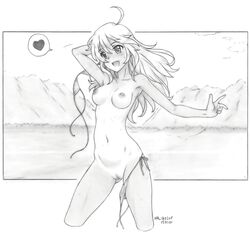 ahoge bikini bikini_around_one_leg bikini_top_removed blush breasts collarbone cowboy_shot female graphite_(medium) greyscale harumachi_nagaaki heart hoshii_miki idolmaster monochrome navel nipples nude open_mouth pussy side-tie_bikini smile solo spoken_heart sweat swimsuit traditional_media untied untied_bikini