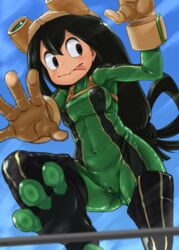 1girls 4shi :p against_glass black_eyes black_hair bodysuit boots breasts cameltoe covered_navel covered_nipples female female_only gloves goggles goggles_on_head hero_outfit_(mha) long_hair my_hero_academia solo straight_hair thigh_boots thighhighs tongue tongue_out tsuyu_asui