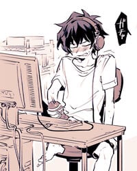 1boy barefoot computer headphones kekkai_sensen leonardo_watch male_only masturbation sex_toy sitting solo tenga wince