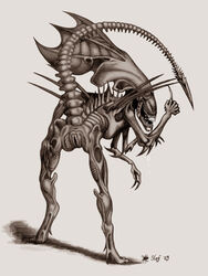 2002 alien alien_(franchise) ass drooling female female_xenomorph nude presenting presenting_hindquarters presenting_pussy pussy saliva slof standing traditional_media_(artwork) xenomorph xenomorph_queen