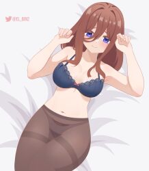 1girls bedroom big_breasts blue_eyes blush bra breasts brown_hair el_bin embarrassed female female_only go-toubun_no_hanayome hi_res huge_breasts large_breasts laying_on_bed looking_at_viewer nakano_miku naked naked_female nude nude_female pantyhose solo solo_female teasing thick_thighs thighs viewed_from_above