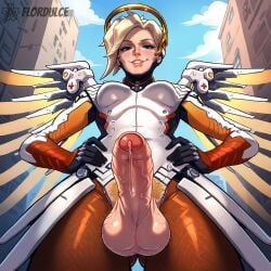 1futa ai_generated angela_ziegler ball_hair balls blizzard_entertainment blonde_hair blue_eyes city clothed clothing erect_penis erection exposed_penis flordulce foreskin from_below futa_only futanari hairy_balls hairy_testicles hands_on_hips mercy mercy_(overwatch) outdoors overwatch penis penis_out precum pubic_hair seductive seductive_look seductive_smile solo_futa standing testicles wings