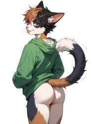 :p ai_assisted ai_generated alice_(fan_character) ass ass_focus boy_butt calico calico_cat calico_pattern cat_boy cat_ears cat_tail catboy feline femboy furry furry_only green_hoodie help original original_character silly silly_face wink winking_at_viewer