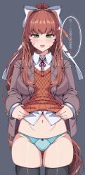 ass_visible_through_thighs breasts clothing dirtypaprika doki_doki_literature_club green_eyes long_hair monika_(doki_doki_literature_club) navel panties text thick_thighs thigh_gap thigh_highs thighs translation_request