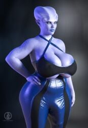 3d alien blue_skin bulge busty futanari markala_(star_periphery) nipples_visible_through_clothing star_periphery voidpilgrim