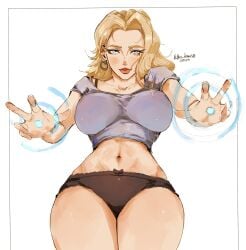 blonde_hair blue_eyes bon_drawr breasts fantastic_four female highres large_breasts long_hair looking_at_viewer marvel marvel_rivals panties simple_background smile solo sue_storm underwear white_background