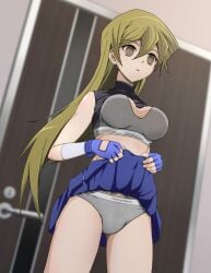 1girls alexis_rhodes blonde_hair bra empty_eyes large_breasts long_hair mind_control panties skirt skirt_lift sports_bra undressing yu-gi-oh! yu-gi-oh!_gx