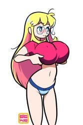 big_breasts blank_background blonde_female blonde_hair blue_eyes dckiq floating_in_void glasses hair_in_mouth half-dressed knee_up large_breasts lifting_breasts lifting_shirt midriff nipples_visible_through_clothing no_pants pale-skinned_female pale_skin panties skinny skinny_girl tulip_(dckiq) white_background white_void